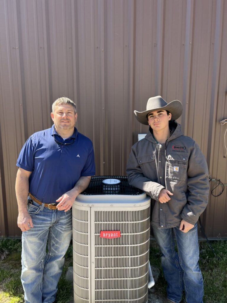 employees standing by an outdoor HVAC unit